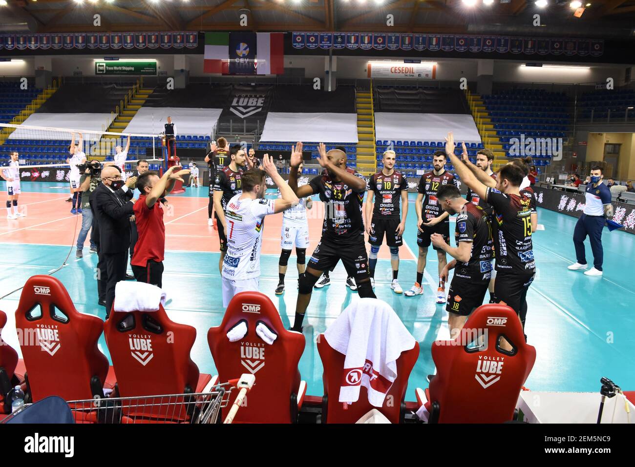 Eurosuole Forum, Civitanova Marche, Italy, 24 Feb 2021, The Cucine Lube  Civitanova players take to the volley field during Cucine Lube Civitanova  vs Grupa Azoty Kedzierzynyn Kozle, CEV Champions League volleyball match -