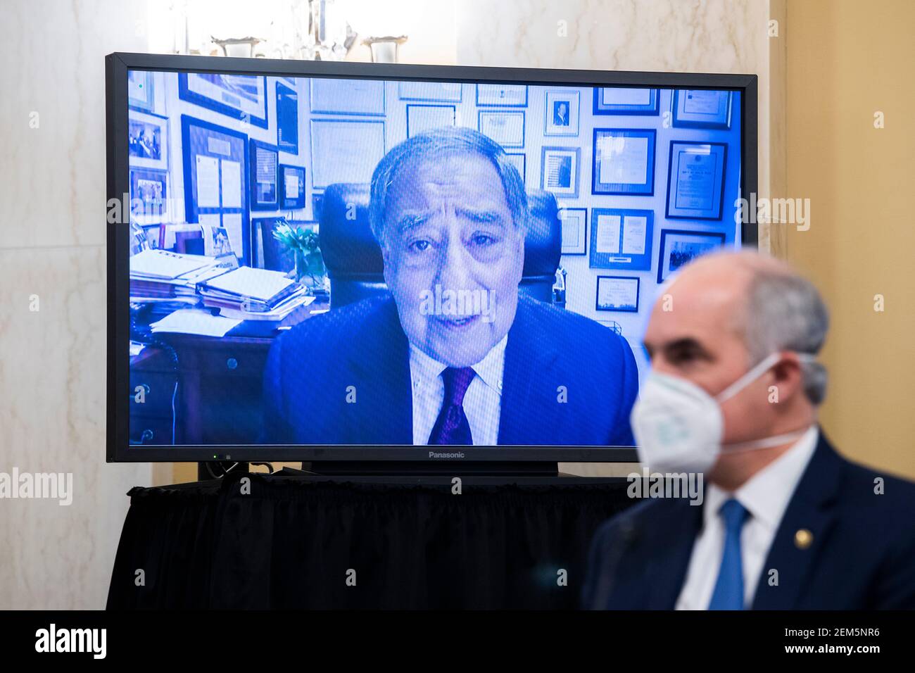 Washington, USA. 24th Feb, 2021. UNITED STATES - FEBRUARY 24: Former CIA Director Leon Panetta, on monitor, makes remarks on behalf of William Burns, nominee for Central Intelligence Agency director, during his Senate Select Intelligence Committee confirmation hearing in Russell Senate Office Building on Capitol Hill in Washington, DC, on Wednesday, February 24, 2021. Sen. Bob Casey, D-Pa., appears at right. (Photo By Tom Williams/Pool/Sipa USA) Credit: Sipa USA/Alamy Live News Stock Photo