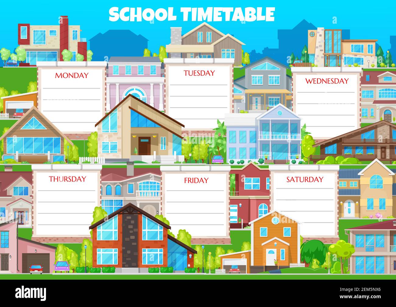 School timetable vector weekly shedule with buildings and residential ...