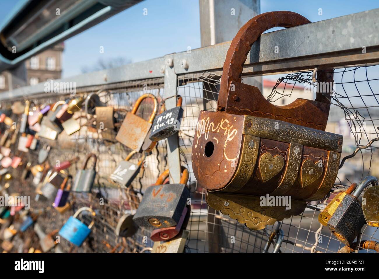 Handmade, artistic padlock on the Father Bernatek Footbridge (Kładka