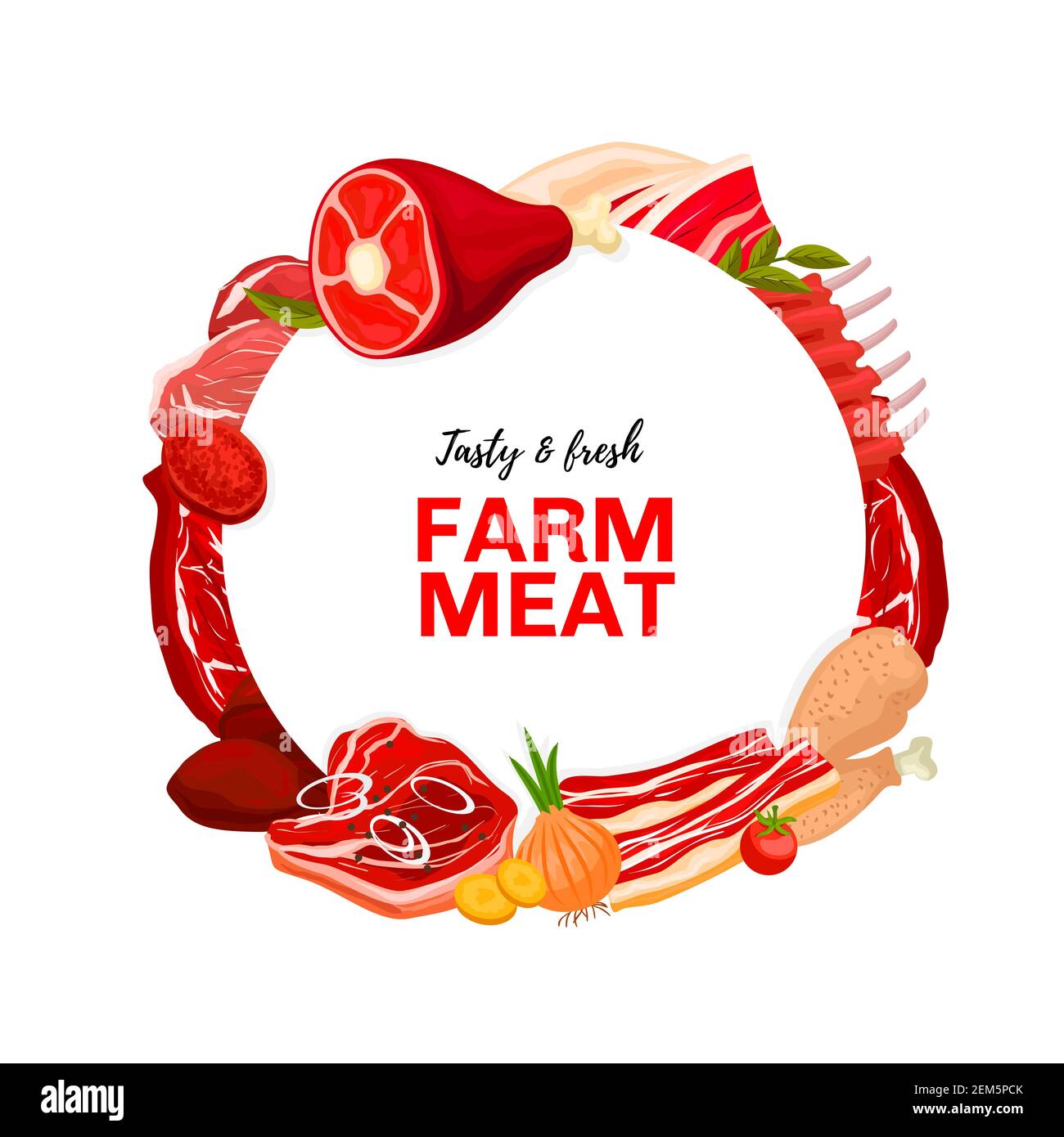 Meat products, butcher shop round vector frame. Cattle and poultry farm meat. Pig leg, pork ribs