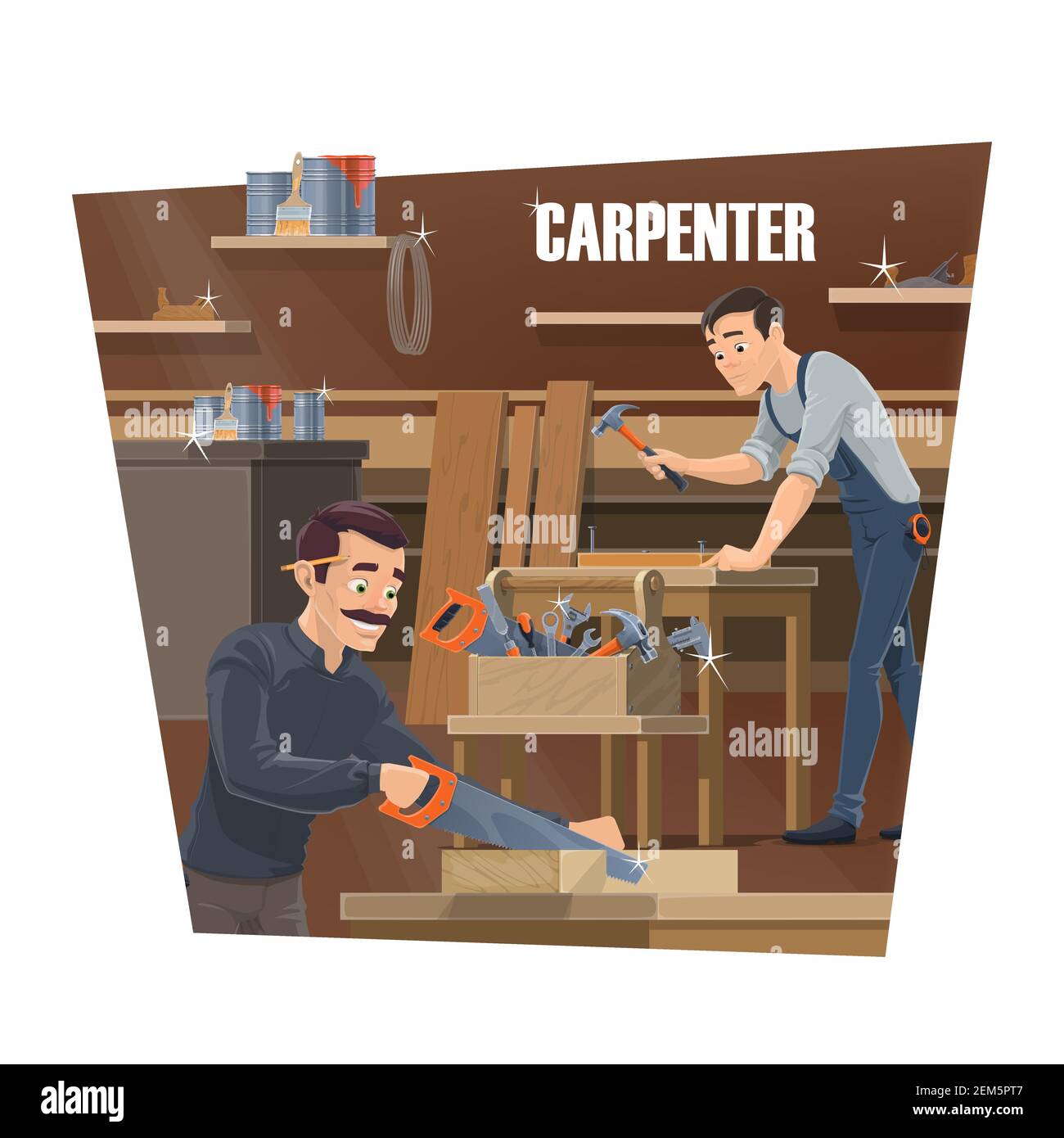 Carpenter, woodworker and joiner workers. Furniture production industry. Carpenter with hammer and saw nailing a wood and sawing a timber planks. Join Stock Vector