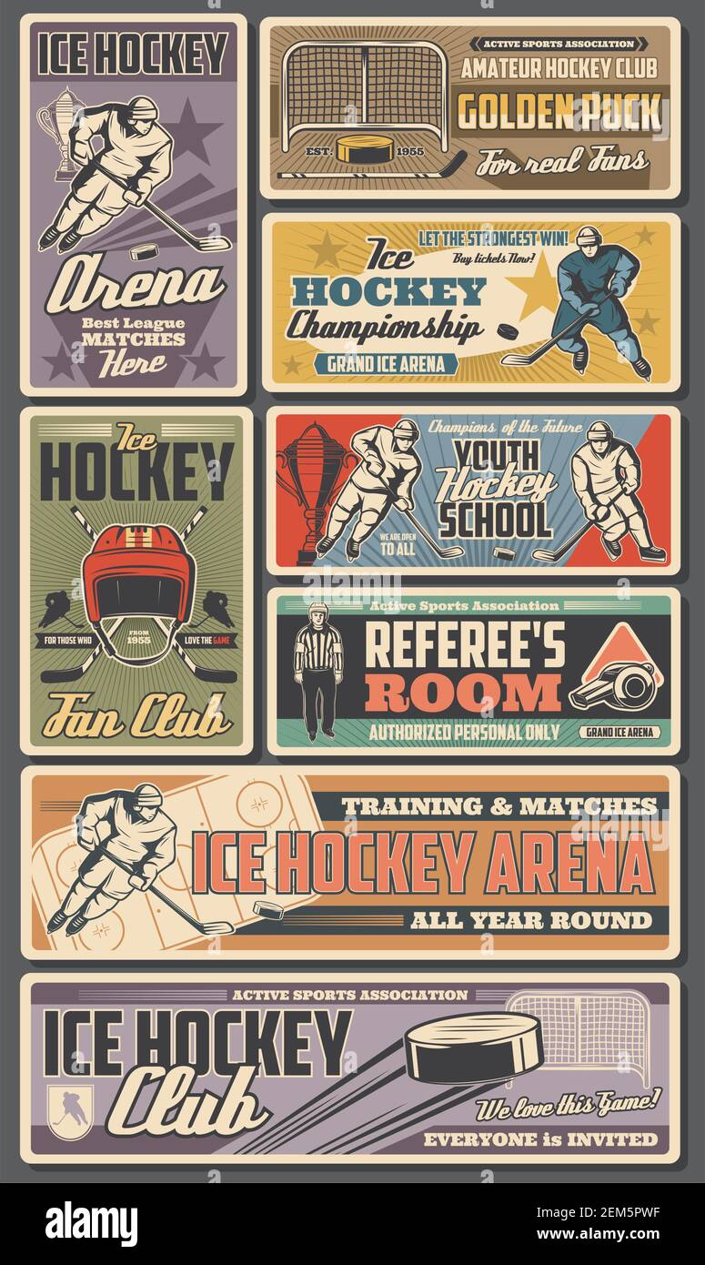 Ice hockey retro posters, vector sport team players with sticks, pucks and winner trophy cup. Referee on rink, skates and goalie mask, goal gate, unif Stock Vector