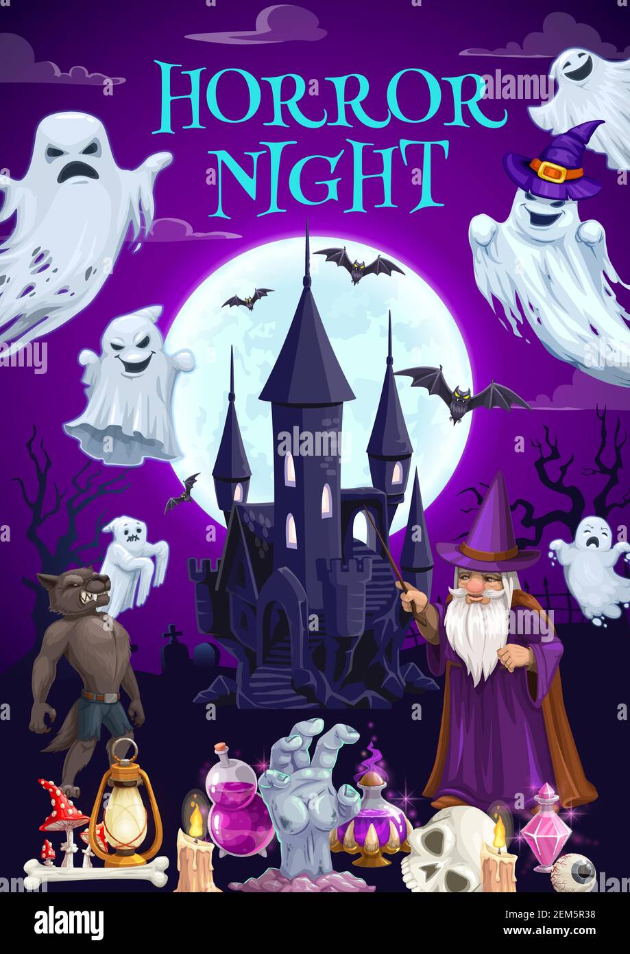 Halloween haunted house with horror night ghosts vector design. Full ...