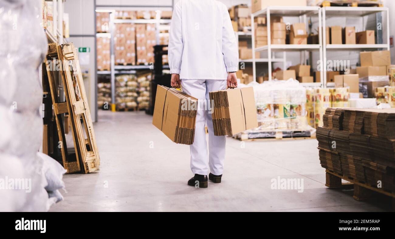 Worker in white sterile cloths is carrying stacks of folded boxes to