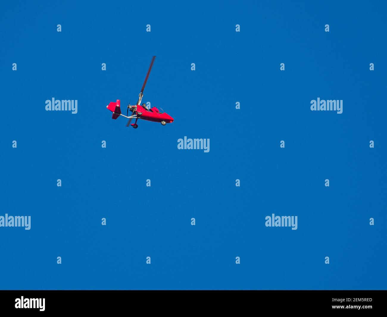 a red gyroplane flies in the blue cloudless sky Stock Photo