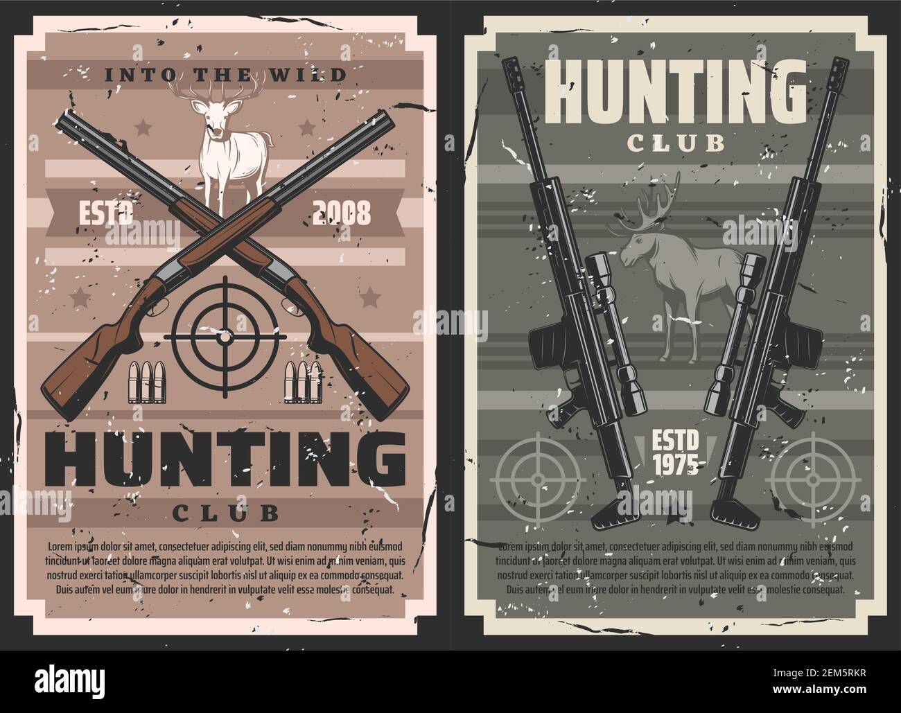 Gun shop, vector rifles and guns with sniper scope, ammunition store. Vintage posters with