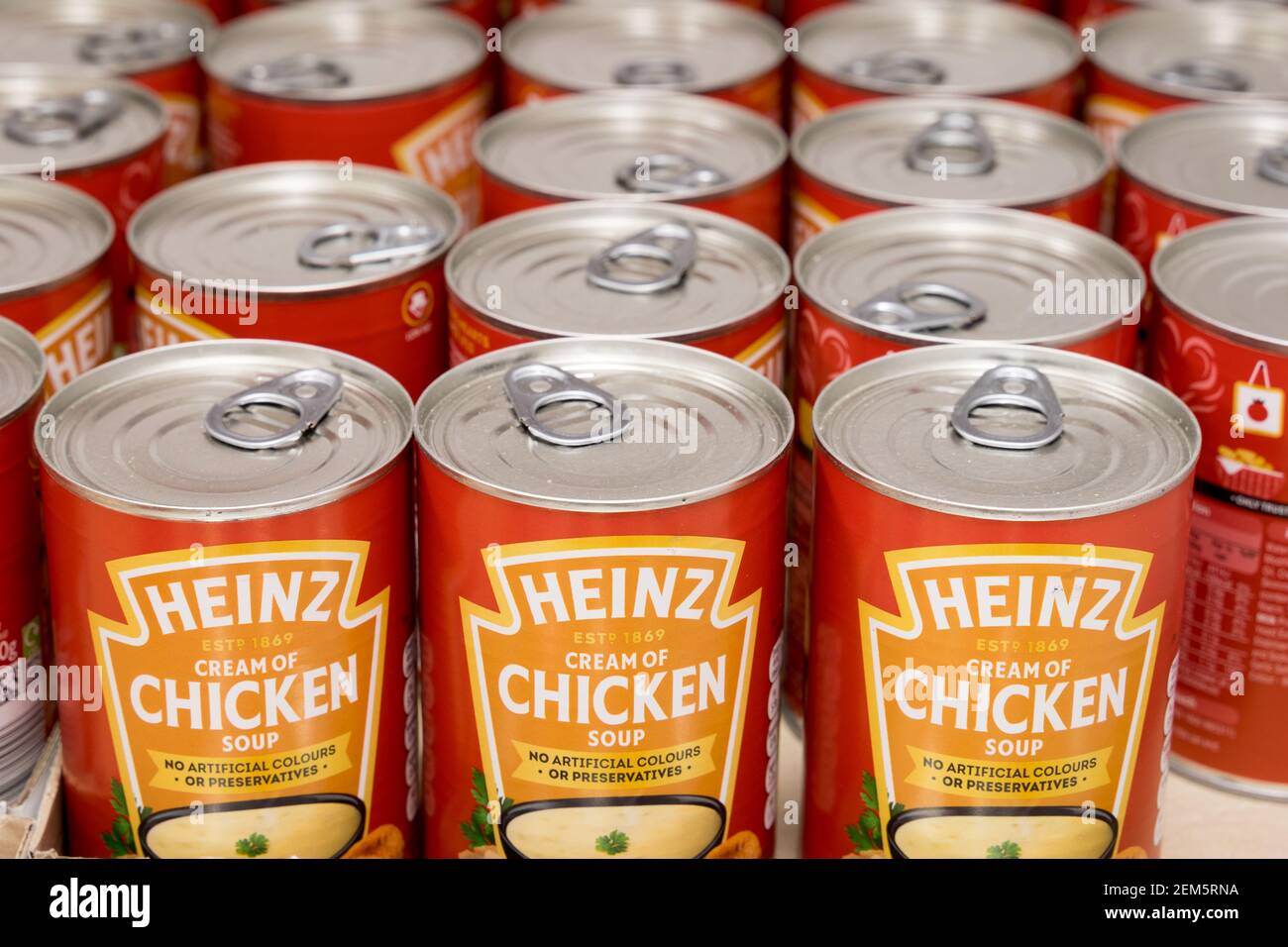 Tins of chicken soup by Heinz Stock Photo Alamy