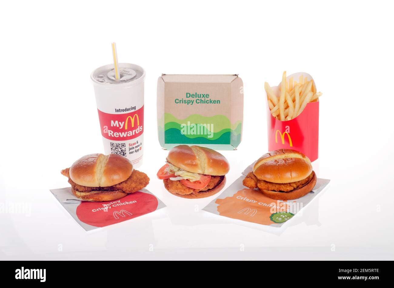McDonalds Crispy Chicken Sandwich assortment with the Crispy, Deluxe & Spicy  released February 24th, 2021 Stock Photo