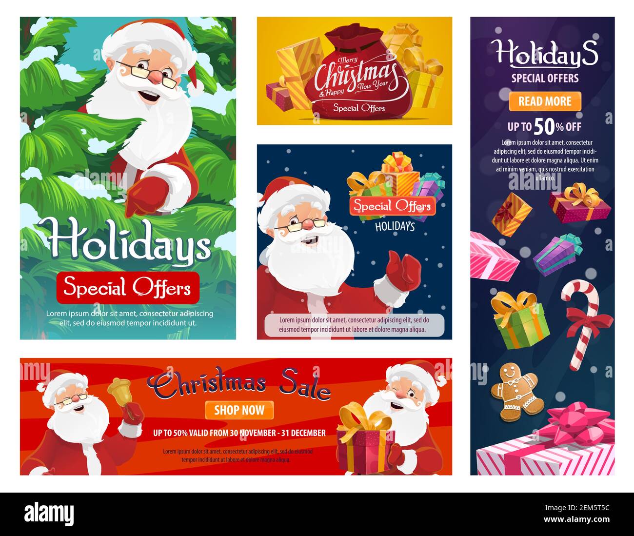 Christmas sale and gifts store discount promotion posters. Vector winter holiday sale banner, Santa with Xmas tree and presents bag, gingerbread cooki Stock Vector