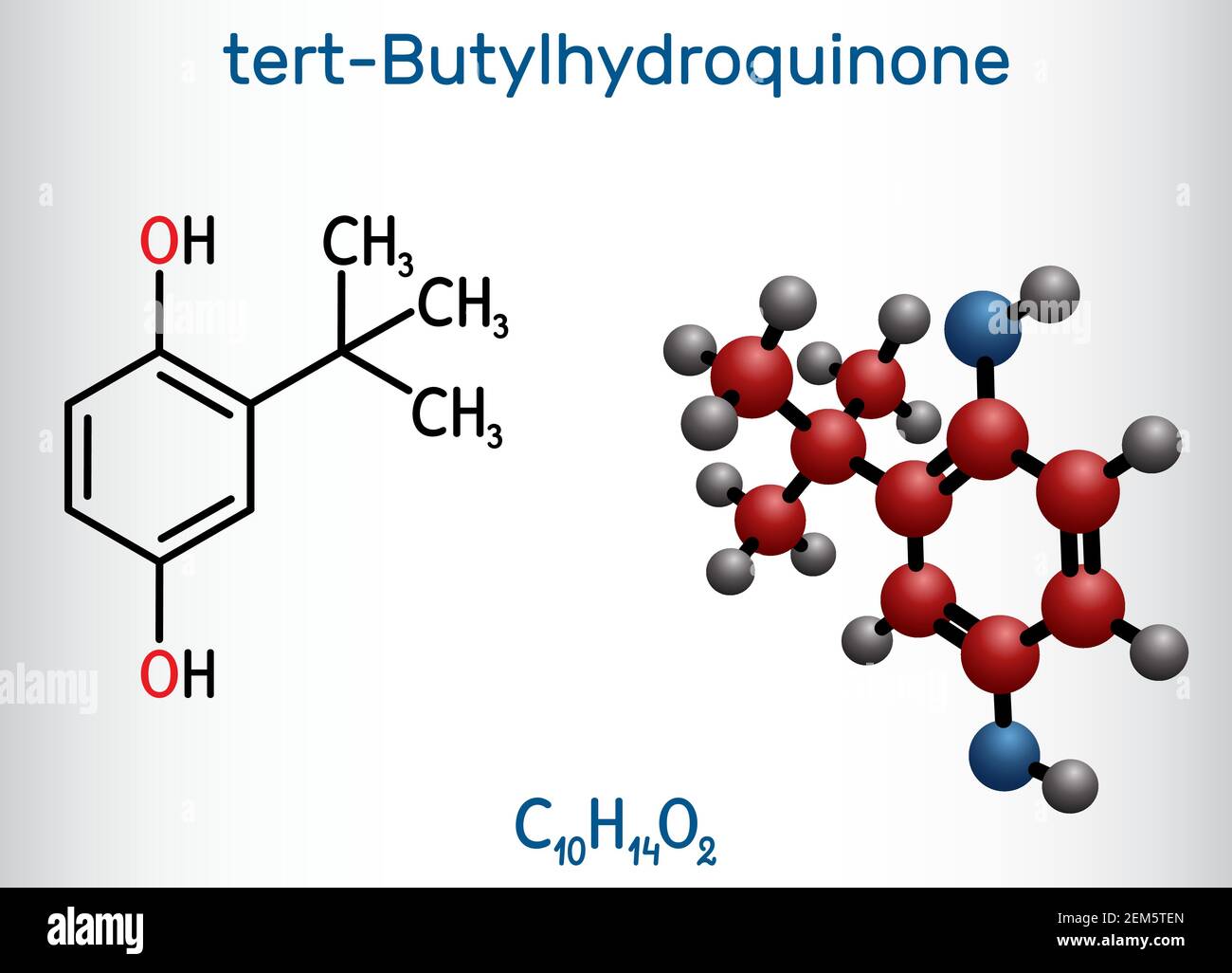 TBHQ, tert-Butylhydroquinone, tertiary butylhydroquinone molecule. It is antioxidant, food additive E319, derivative of hydroquinone. Structural chemi Stock Vector
