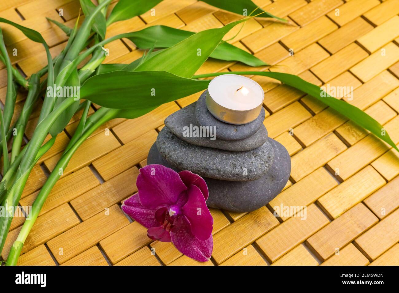 Spa, zen, massage concept. Bamboo leaves, black stones, purple orchid, candle on wood background Stock Photo