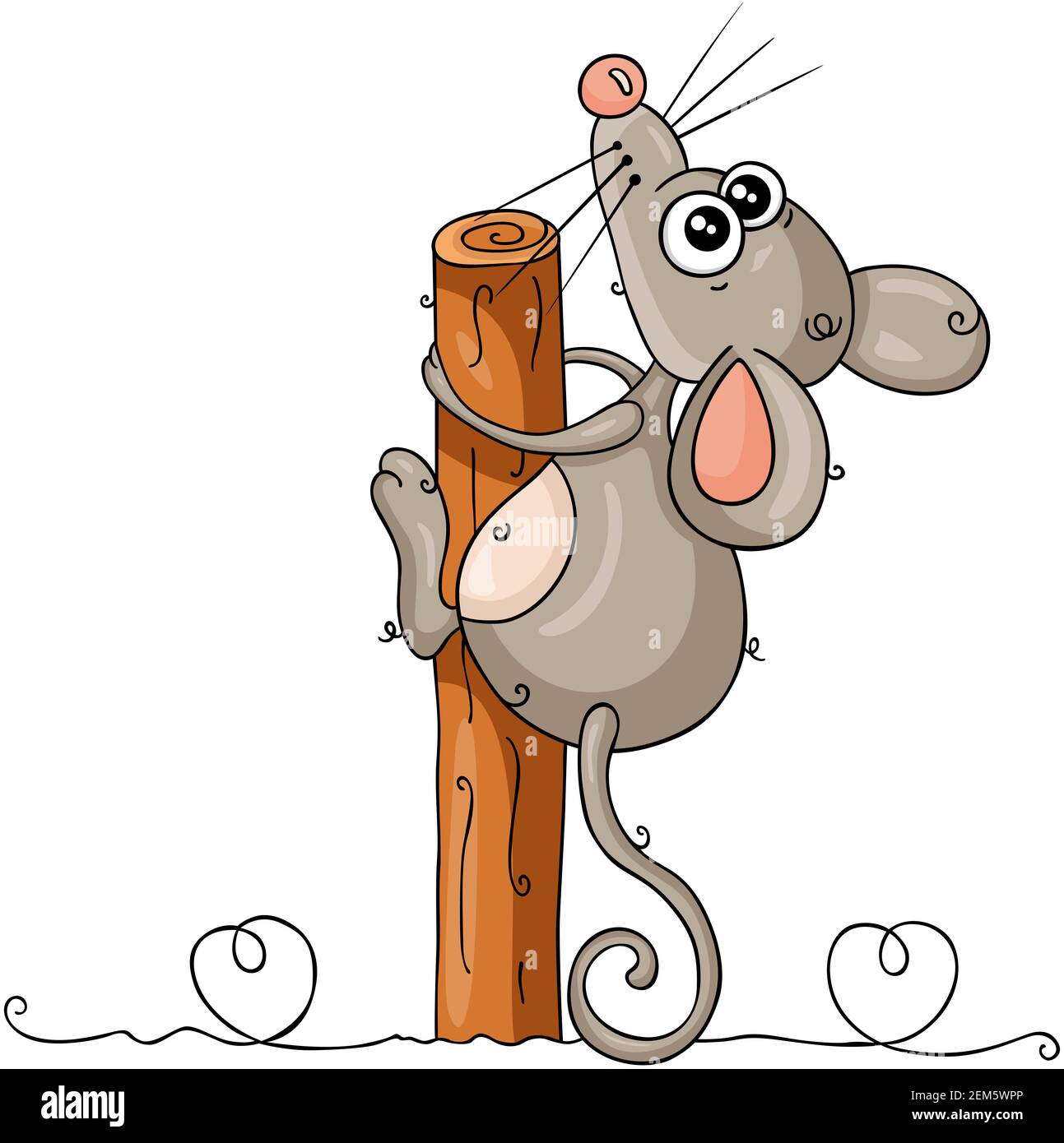 Funny mouse looking up clinging to tree trunk Stock Photo