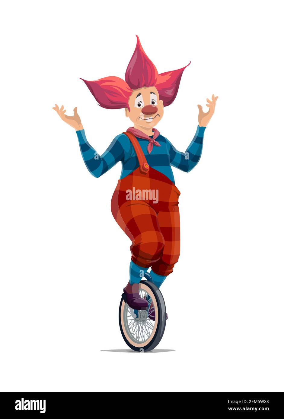 Clown balancing on unicycle wheel, circus and funfair carnival, vector