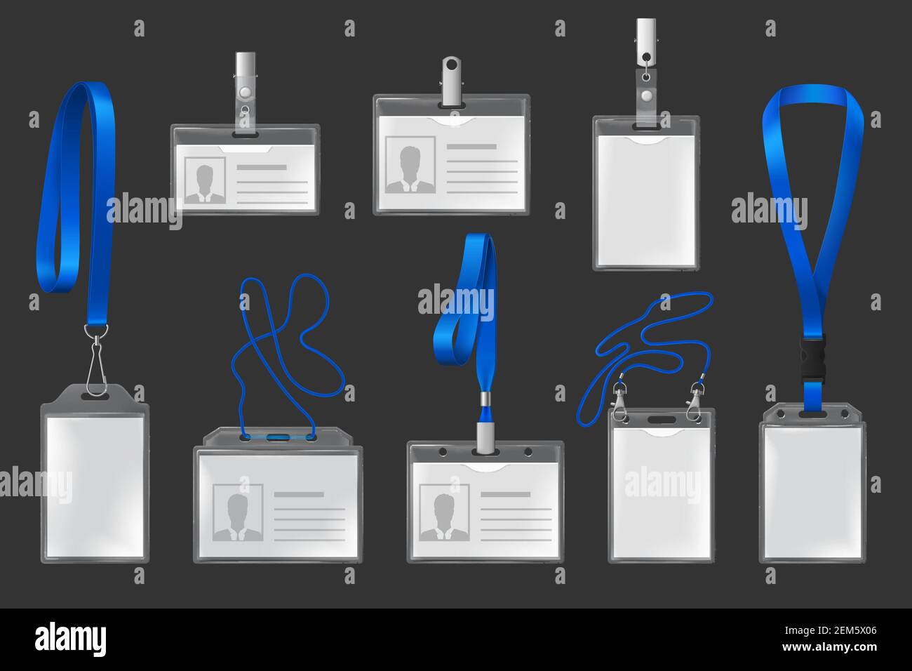 Plastic badges on lanyards and holders realistic, 3d vector set