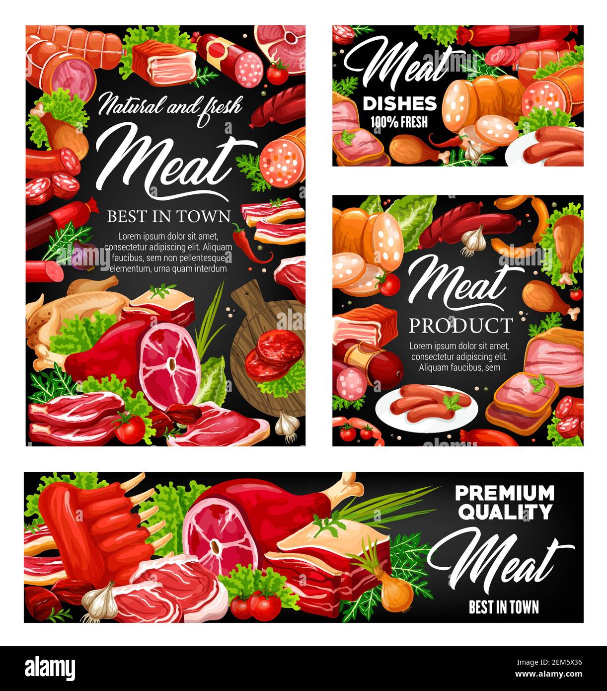 Meat and sausages with spice herbs vector design of butcher shop food