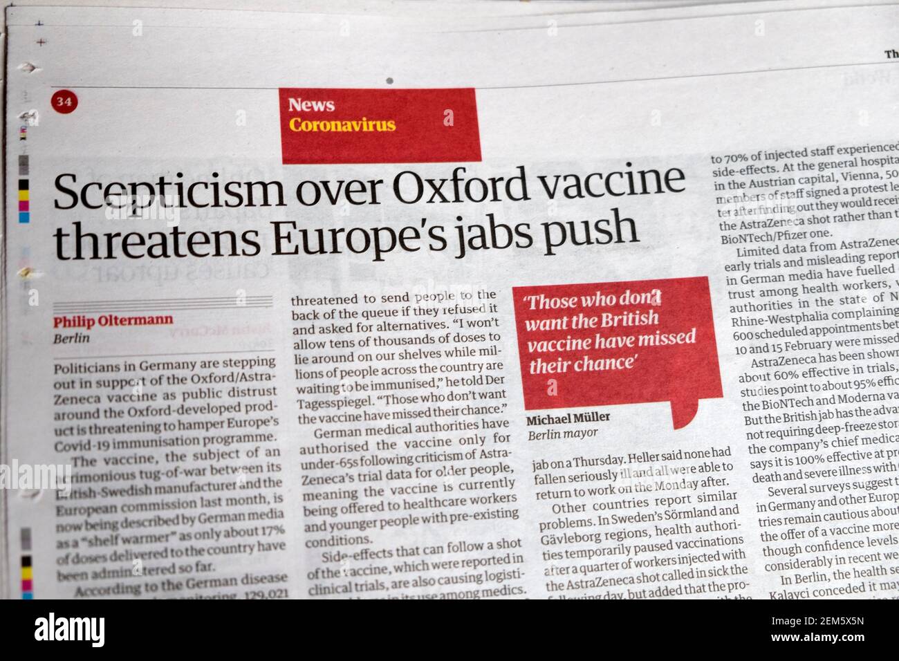 'Scepticism over Oxford vaccine threatens Europe's jabs push' Guardian newspaper headline Covid article inside page 20 February 2021 UK Stock Photo