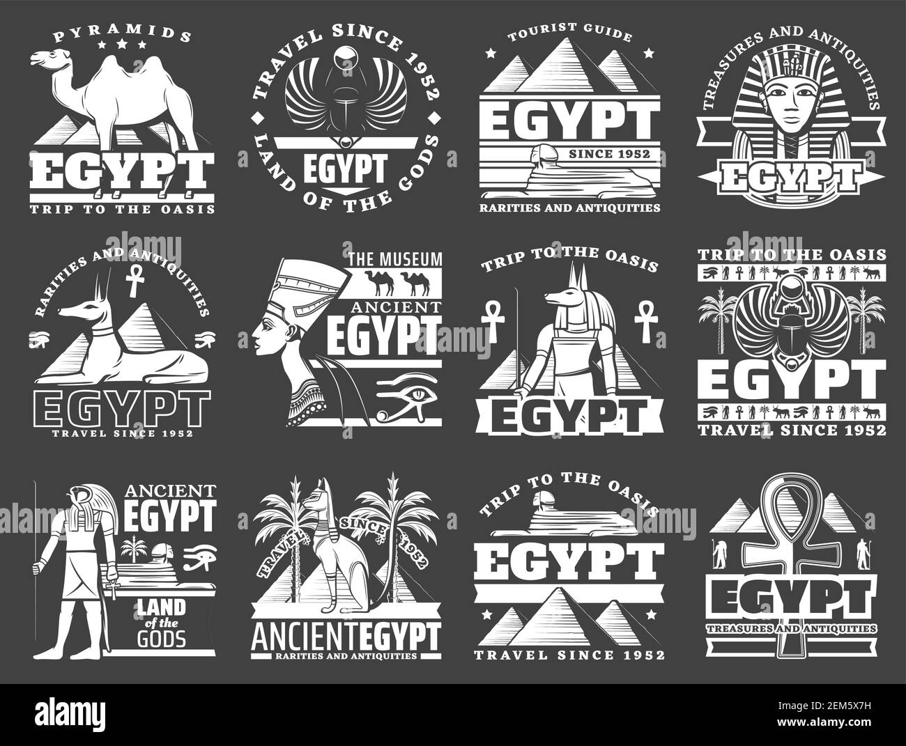 Egypt travel icons with ancient Egyptian pharaoh pyramids, Sphinx and gods. Vector Anubis and Horus with ankh symbol, cat, dog and scarab, Nefertiti a Stock Vector