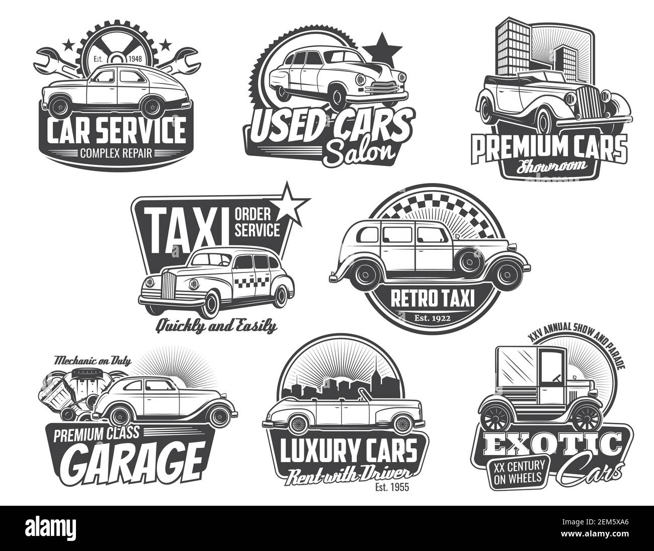 Vintage car and auto repair service spare part vector badges. Retro