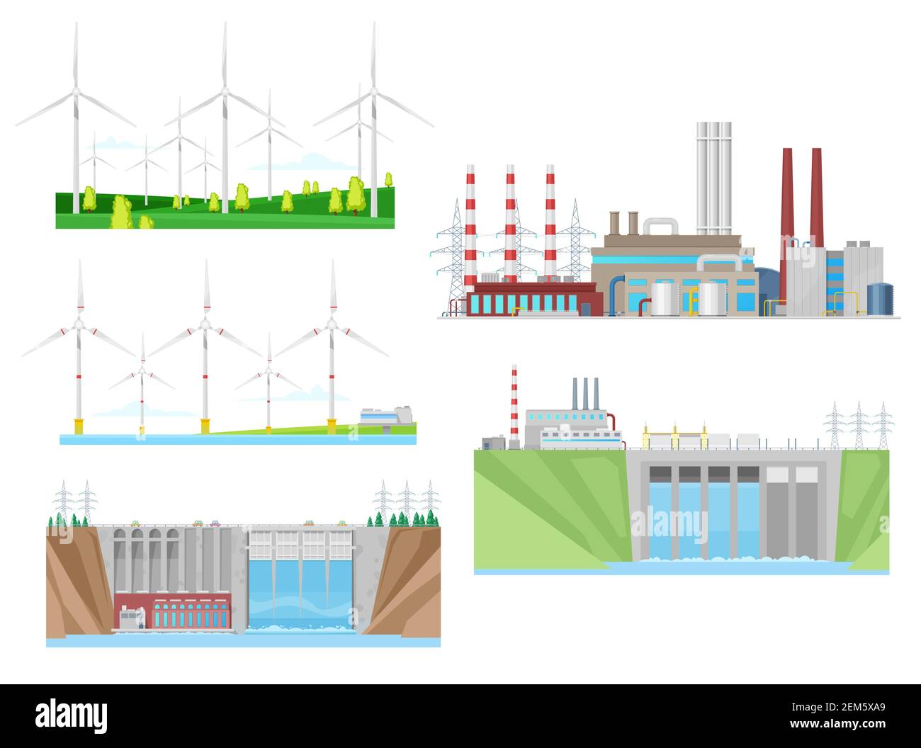 Power plants of wind, water and thermal energy generation vector icons