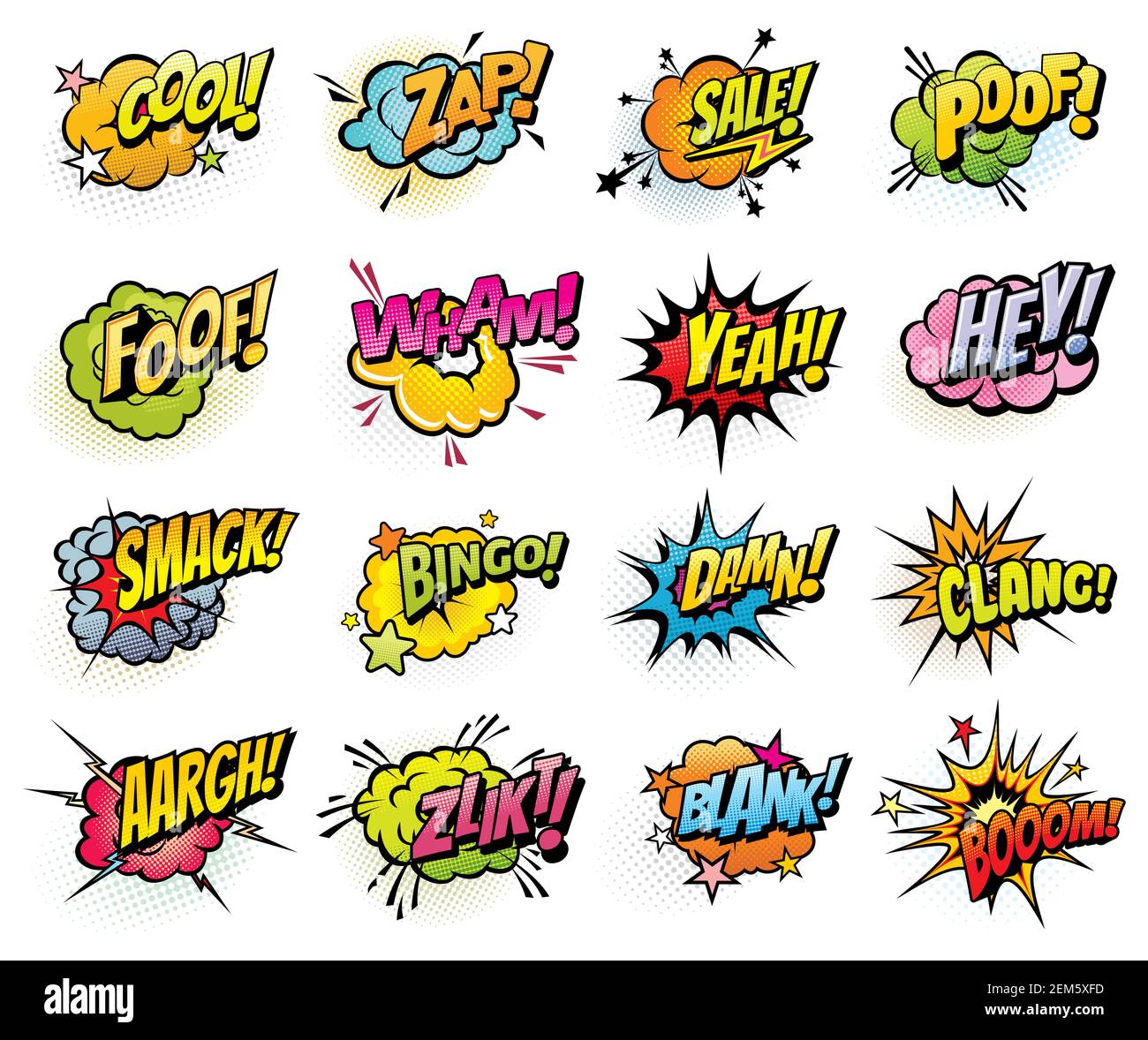 Comics speech bubbles and sound blast isolated vector icons set. Cartoon pop  art bubbles of boom, bingo or bang sounds. Yeah or cool and zap, sale, da  Stock Vector Image & Art -