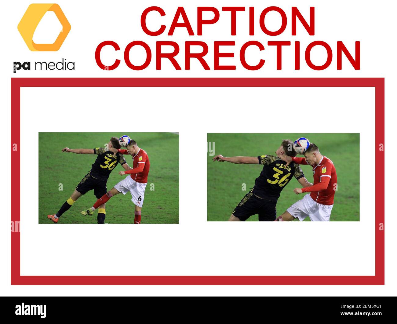ATTENTION PICTURE EDITORS, CHIEF SUBS AND PICTURE LIBRARIANS: Caption correction for these images transmitted on the PA Wire earlier today correcting the name of the Barnsley player to Mads Andersen. Corrected versions have been transmitted on the PA Wire. Stoke City's Harry Souttar (left) and Barnsley's Mads Andersen battle for the ball during the Sky Bet Championship match at Oakwell, Barnsley. Picture date: Wednesday February 24, 2021. Stock Photo