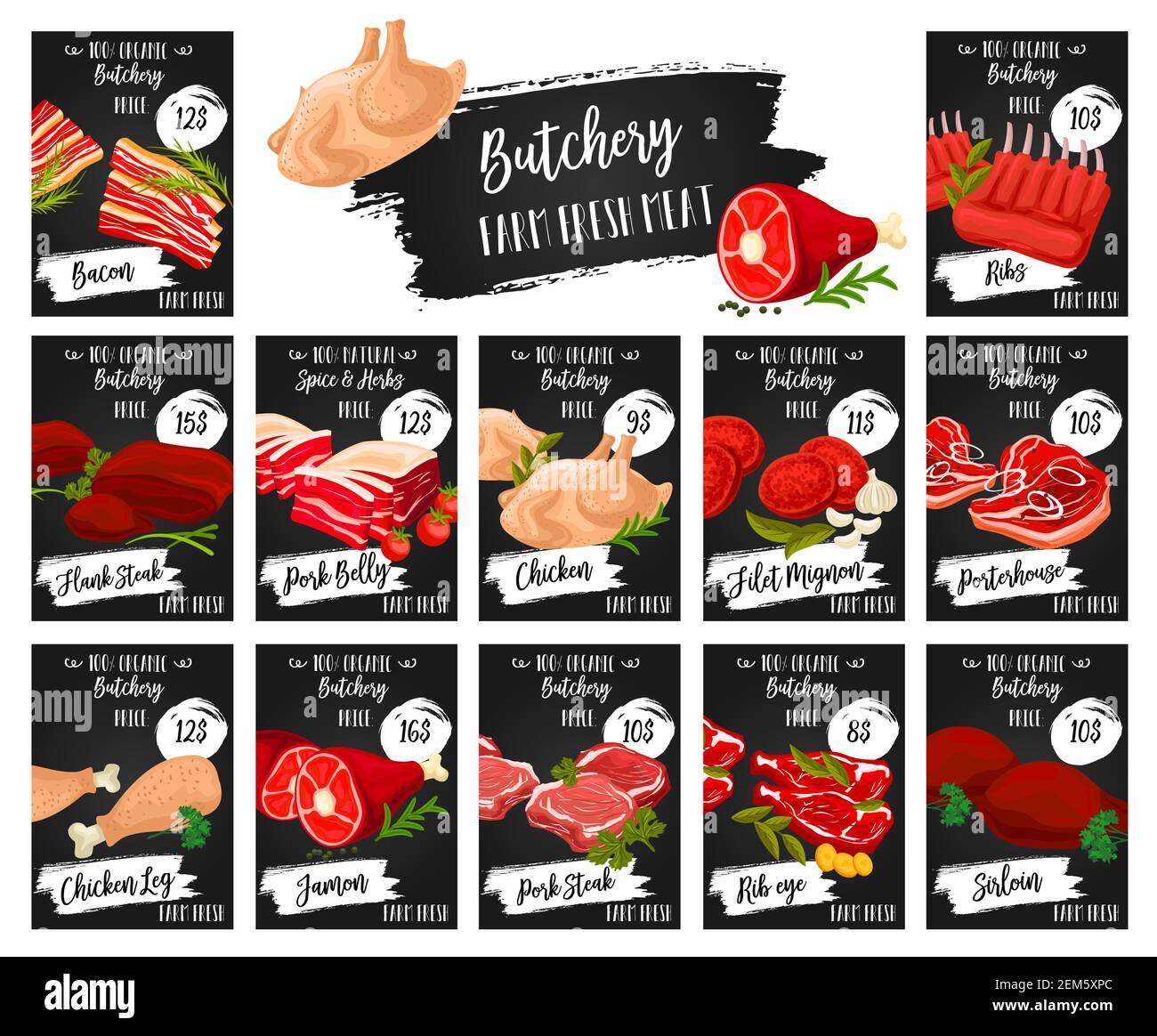 Meat food vector price tags of butcher shop design. Beef and pork