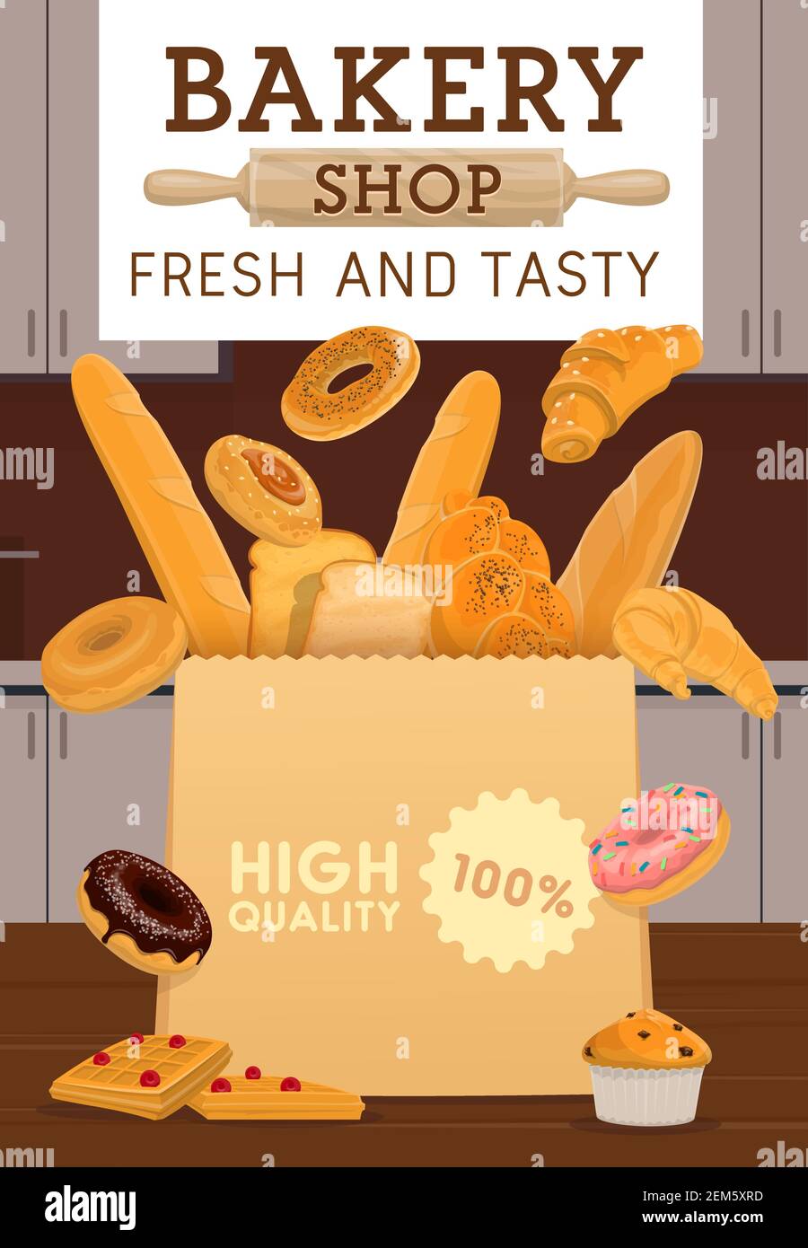 Bread and pastries of bakery shop, vector food. Baguette, wheat bread ...