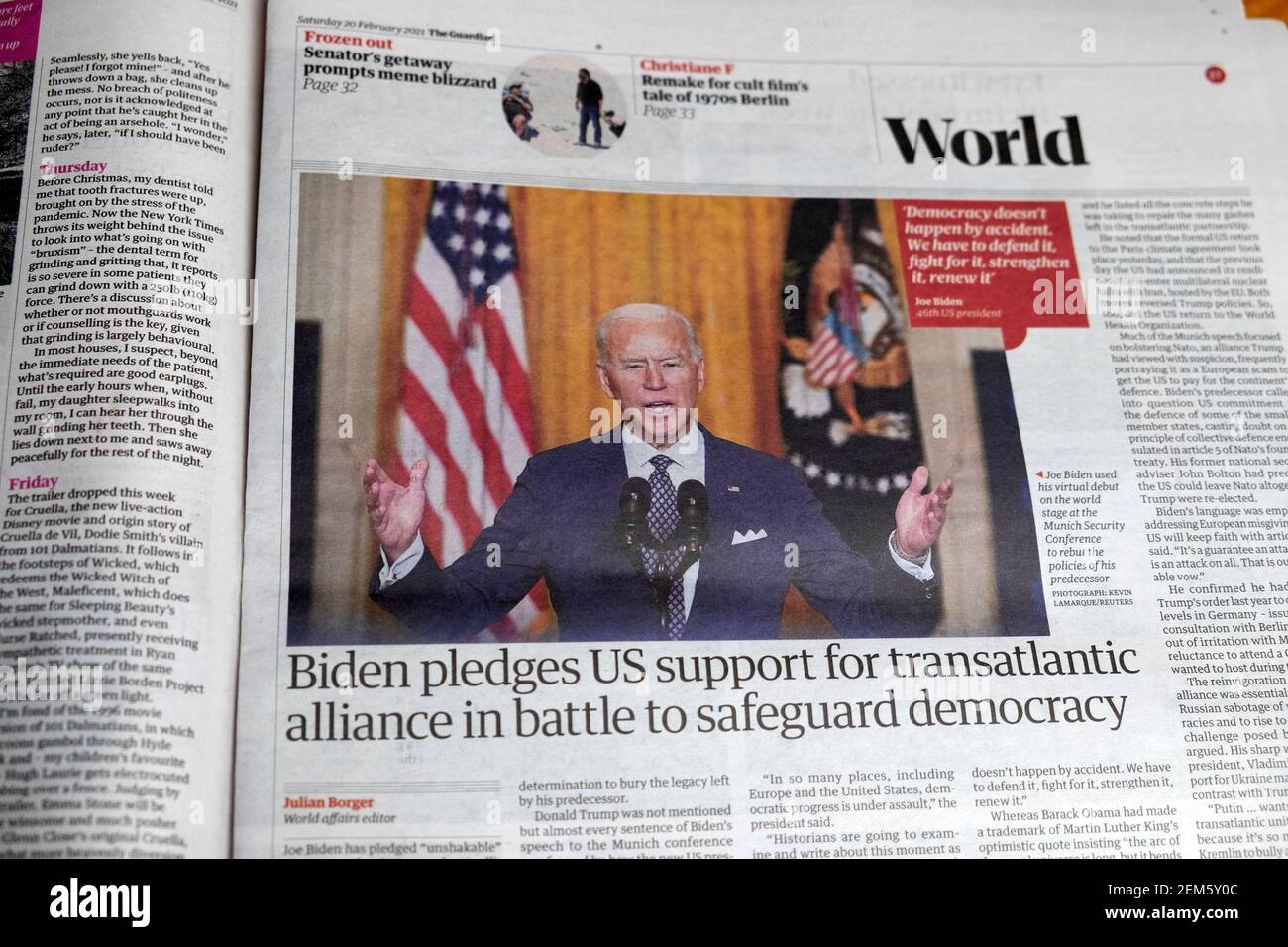 Joe 'Biden pledges US support for transatlantic alliance in battle to safeguard democracy' Guardian US newspaper headline article 20 February 2021 UK Stock Photo