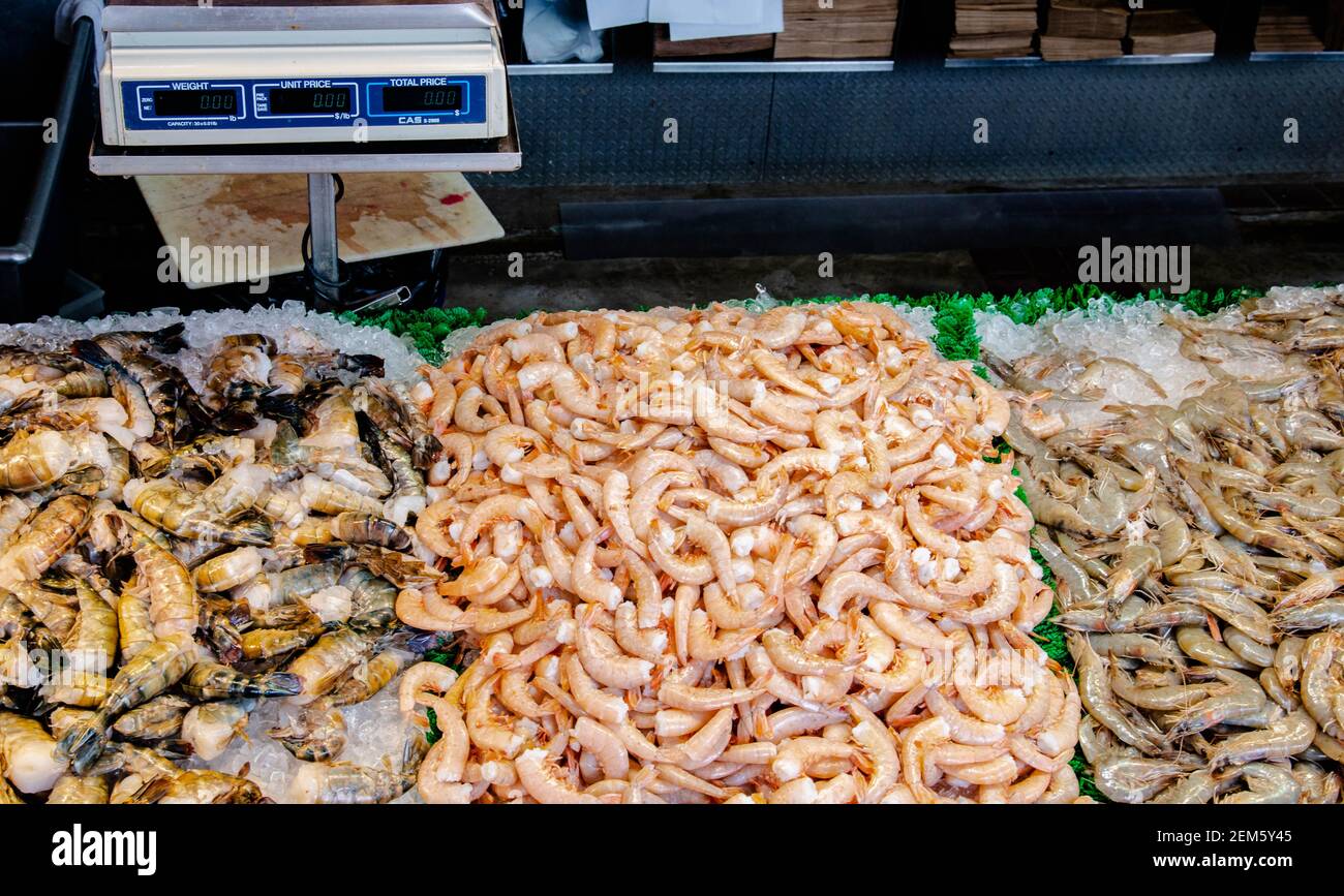 Shrimp and cooked shrimp or tiger prawns on sale at fish market Stock Photo