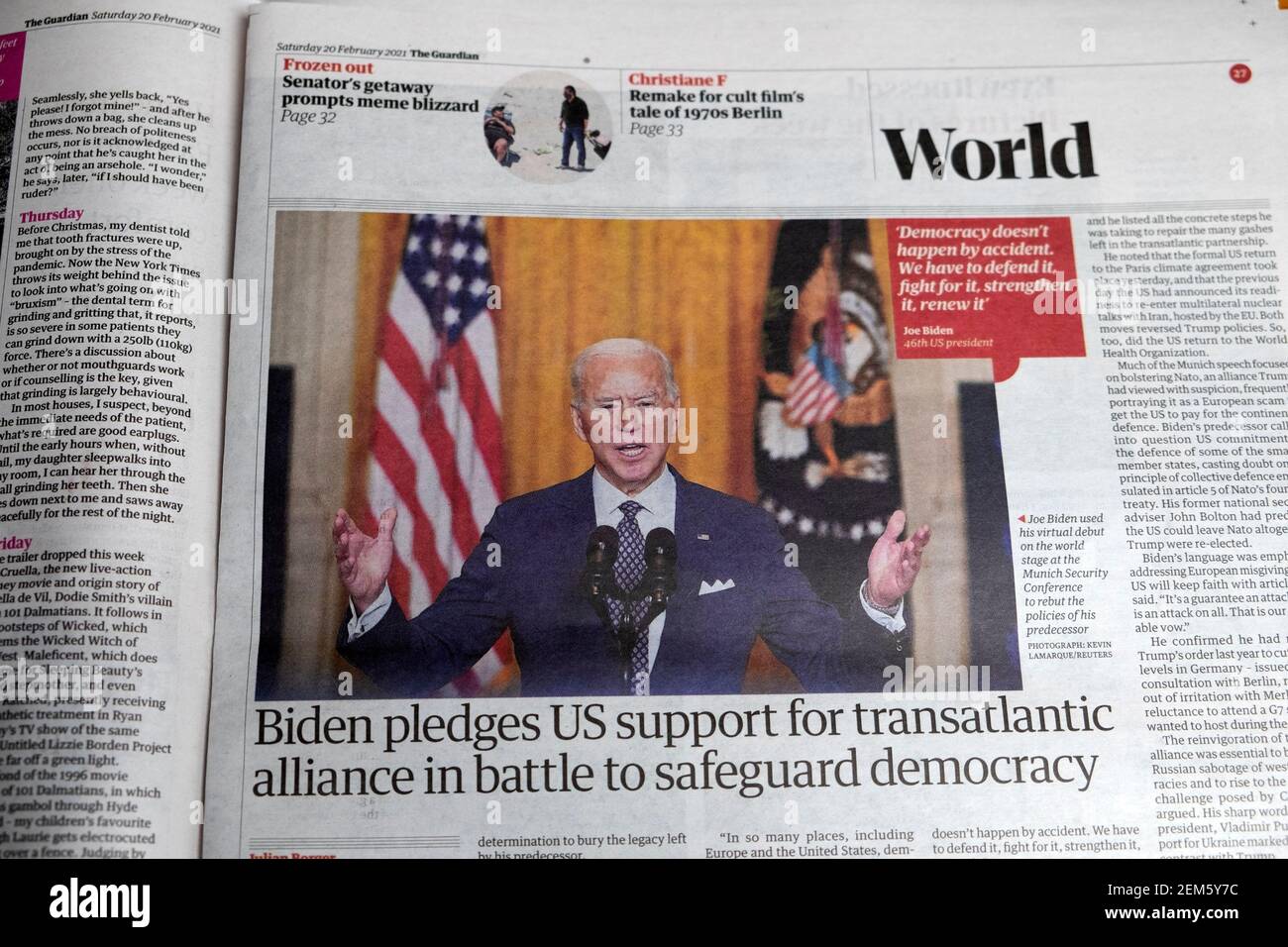 Joe 'Biden pledges US support for transatlantic alliance in battle to safeguard democracy' Guardian US newspaper headline article 20 February 2021 UK Stock Photo