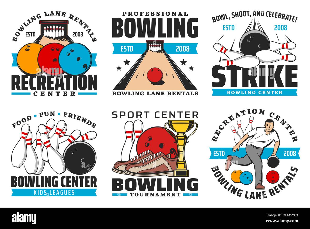 Bowling sport club vector icons with game balls and pin strike on alley, bowling competition winner trophy cup, player and shoes. Leisure recreation c Stock Vector