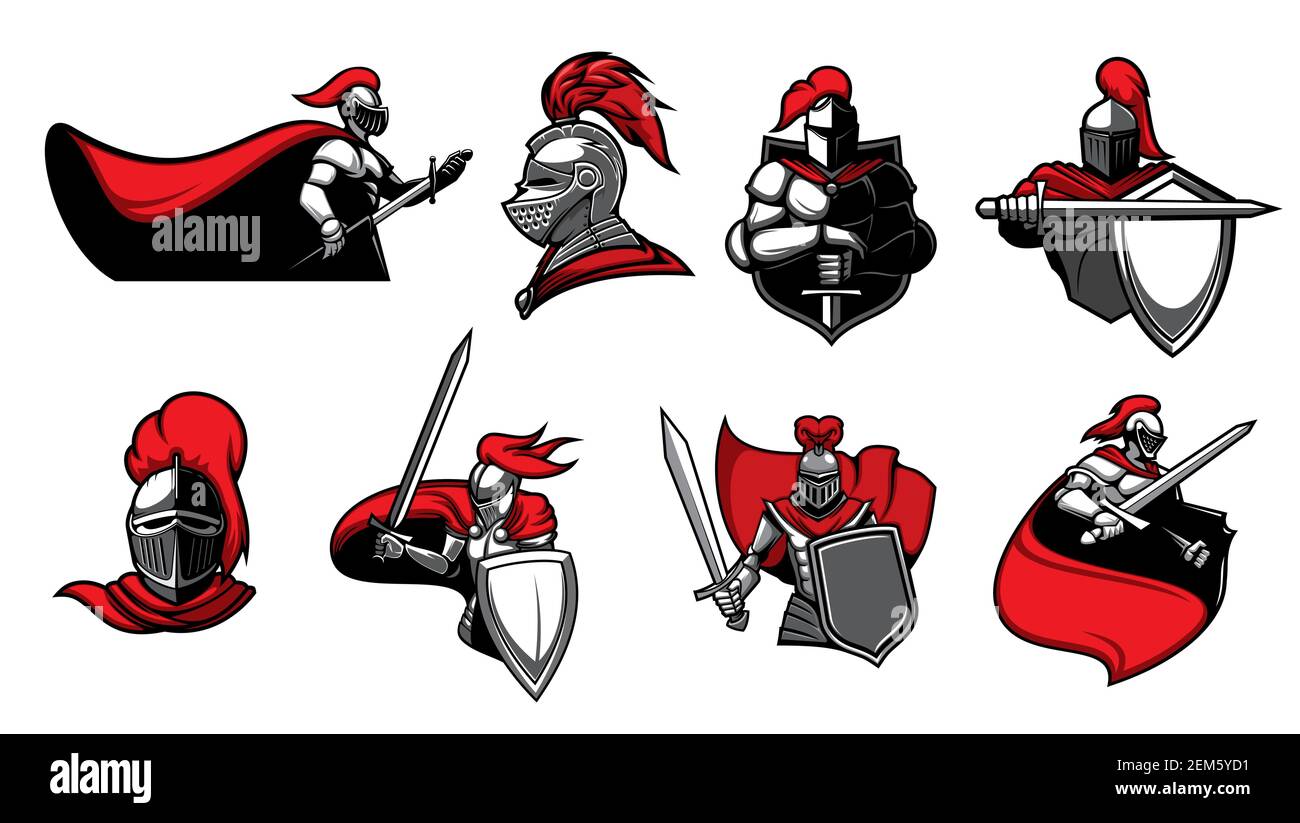 Medieval knights with swords, isolated heraldic vector icons. Warriors, paladin or guards with blade in armour and cape. Heraldry symbols of royal kni Stock Vector
