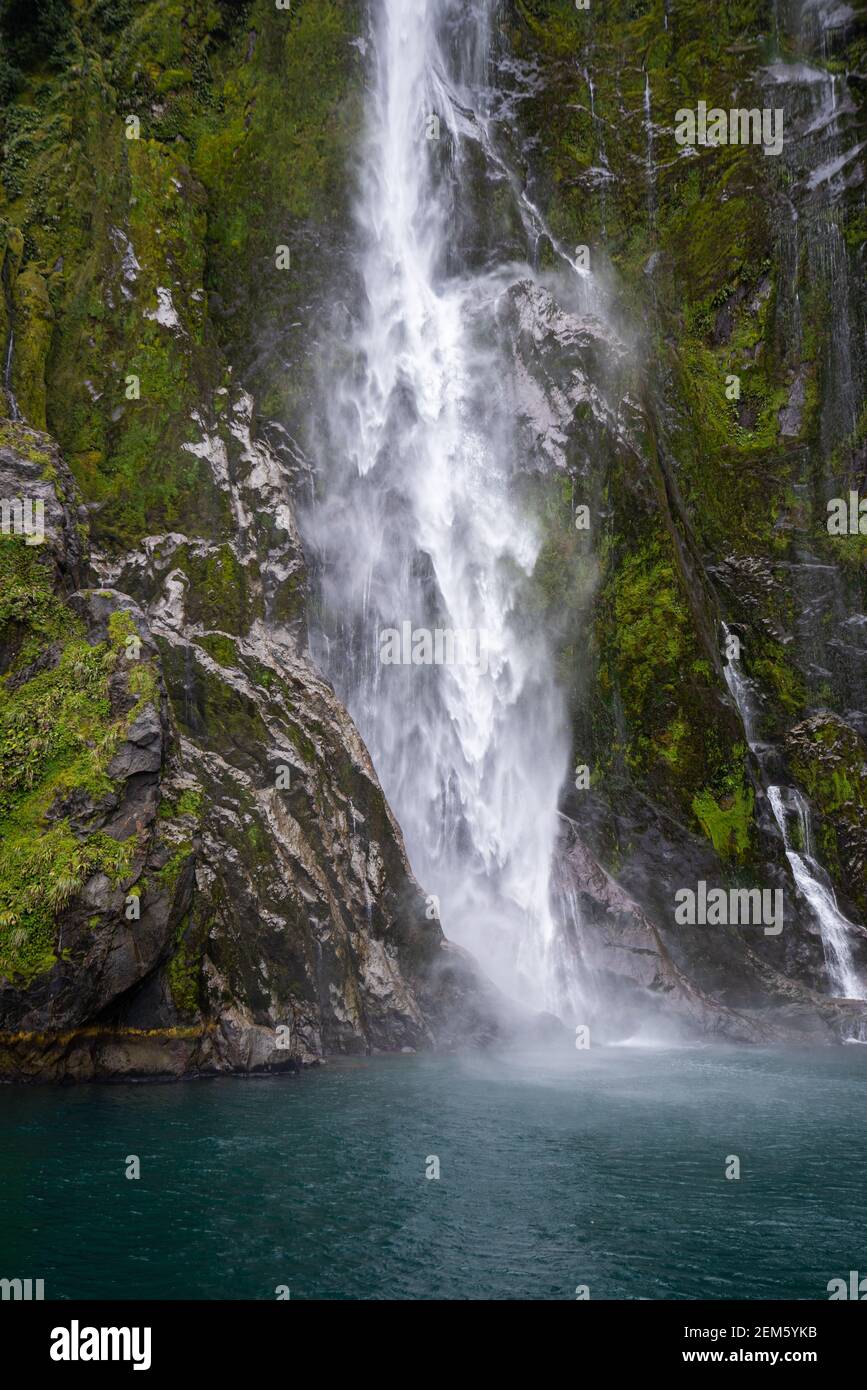 Milford Sound boat cruise - Stirling Falls, New Zealand Stock Photo