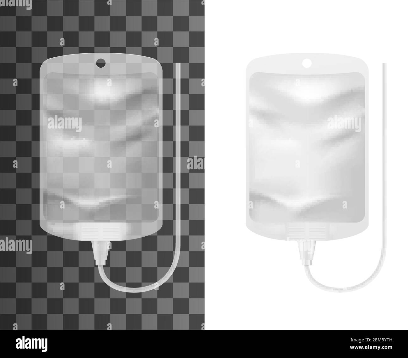 Intravenous iv therapy bag 3d mockups. Vector infusion drip with empty clear container realistic