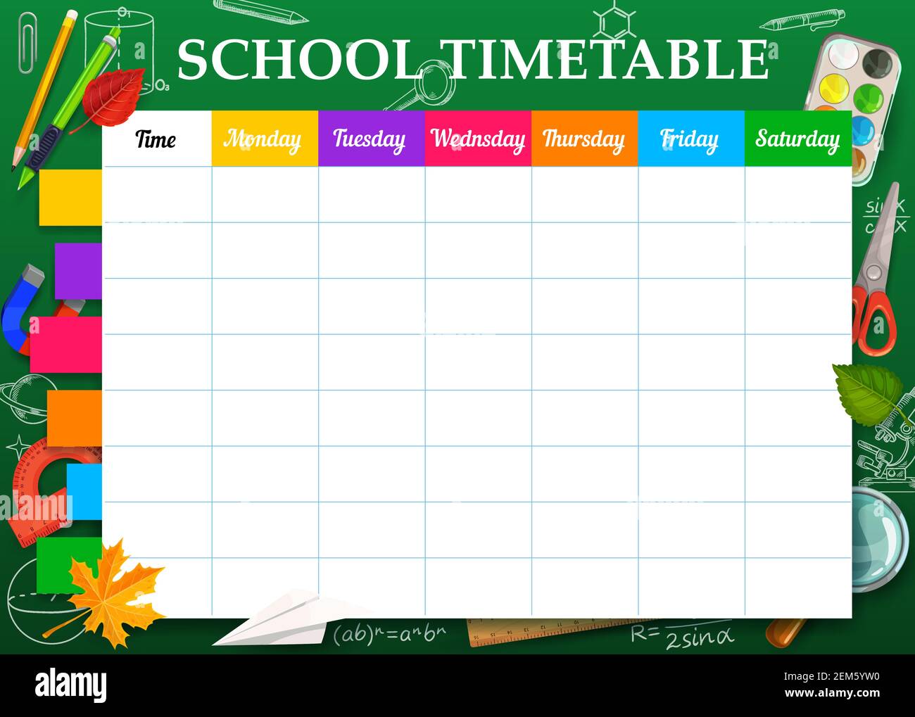 School timetable or lesson schedule template, vector education. Week chart or plan and study planner with school supplies, student stationery, microsc Stock Vector