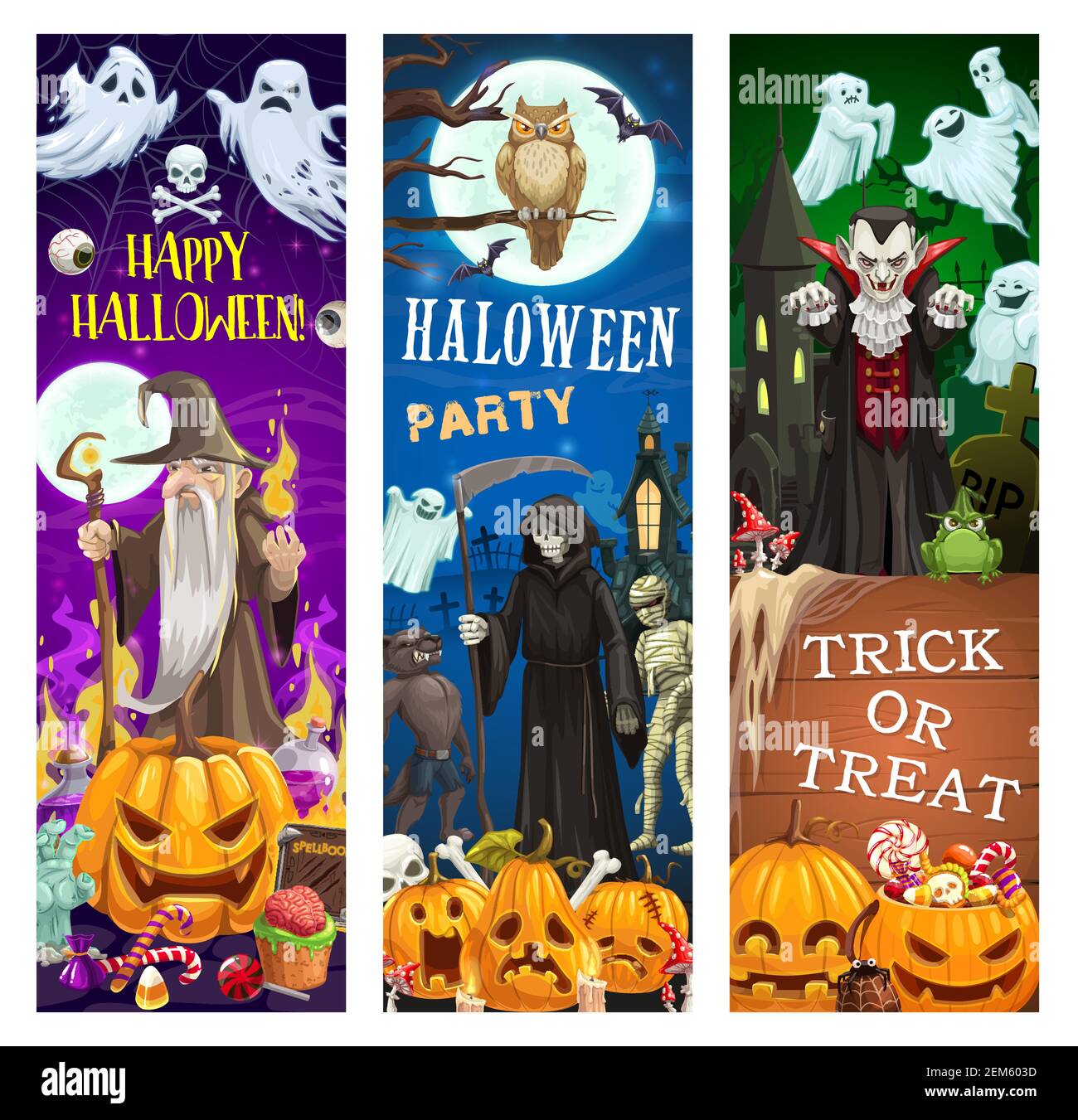 Halloween ghosts, pumpkins and horror monsters, night party vector ...