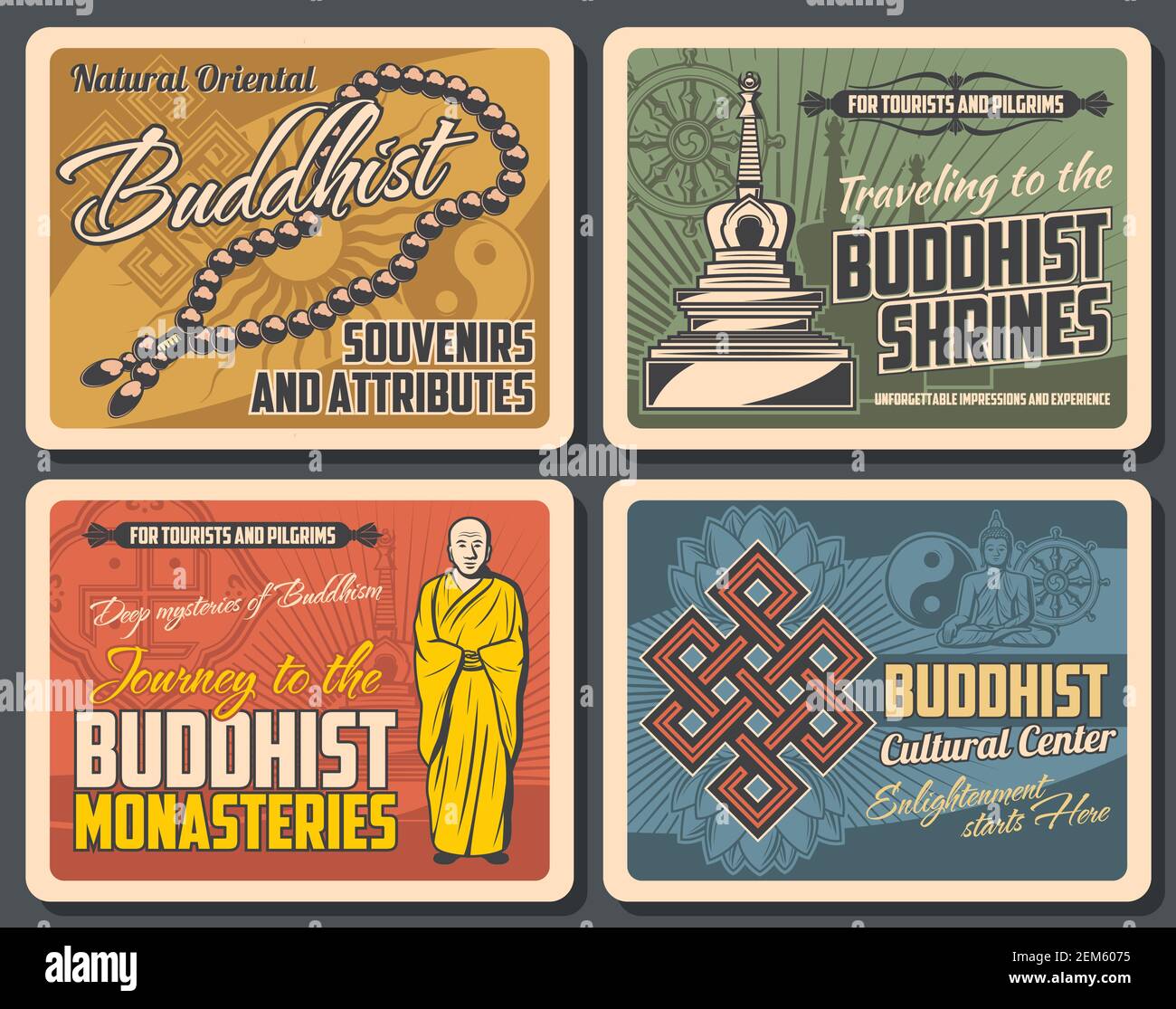 Buddhism religion. Vector Buddhist symbolic stupa, tibetan monk, prayer