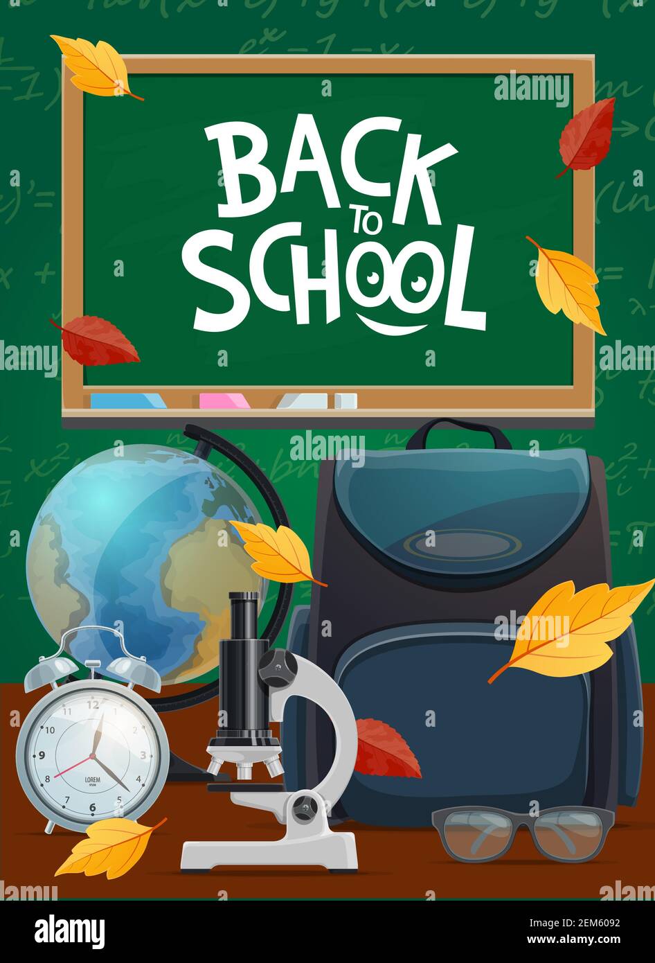Back to school, student bag and chalkboard vector poster. Back to ...