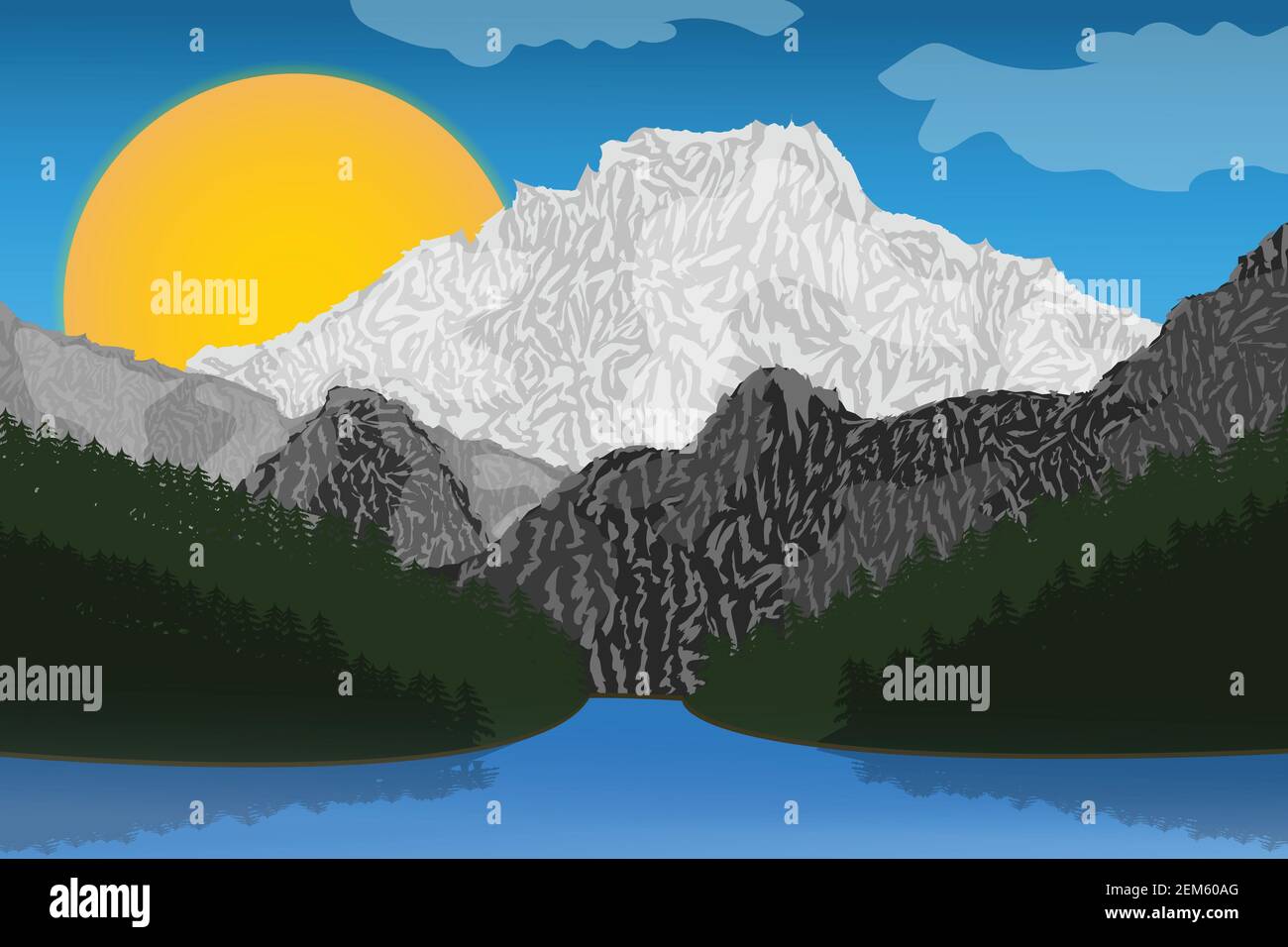 Flat illustration of snow capped mountains and supervised rocks Stock ...
