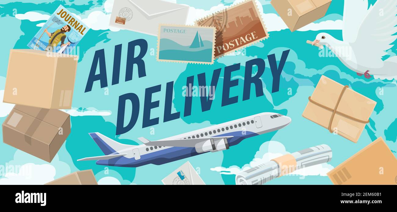 Air delivery international service, avia post mail, vector poster
