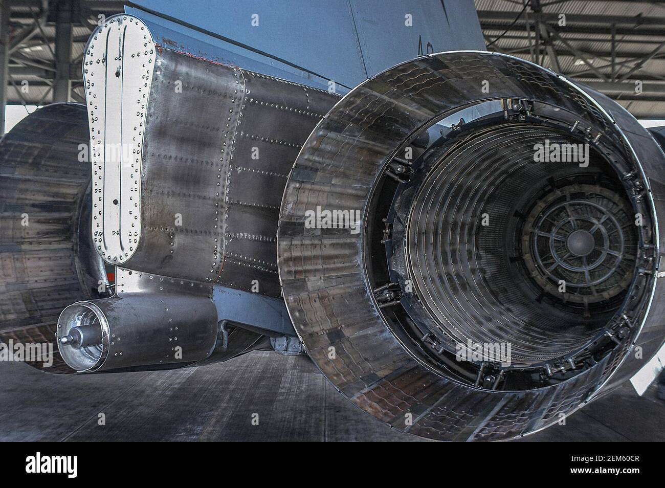 A rear view of the engine and fuel dump nozzle of a General Dynamics F