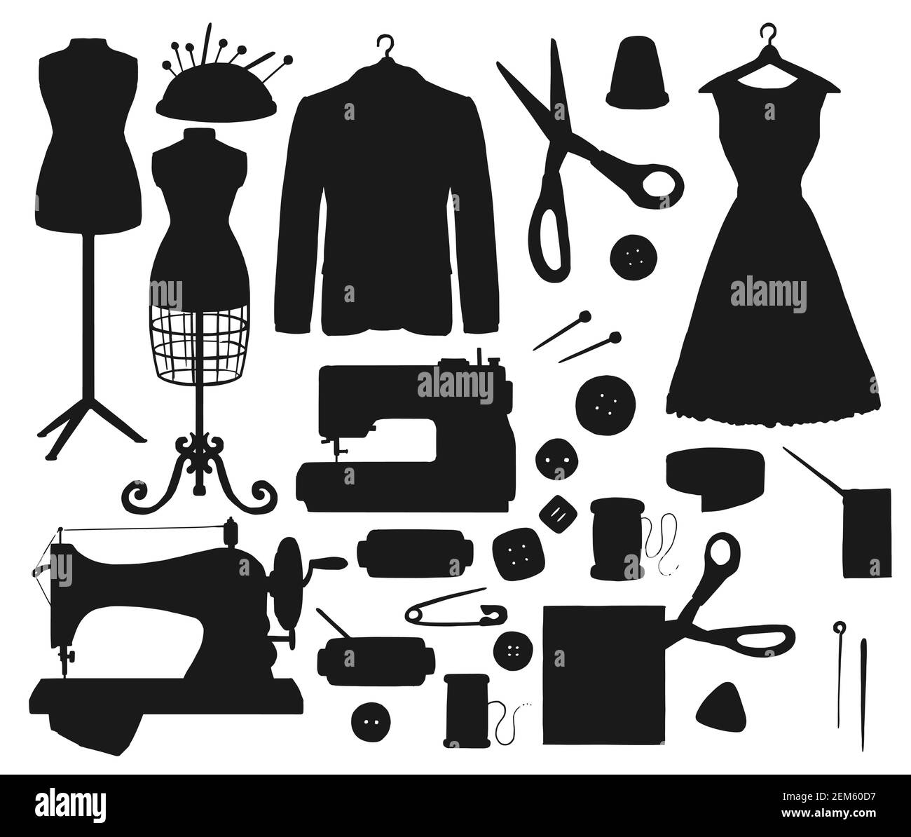 Sewing tool and equipment of tailor shop isolated black silhouettes. Vector needles, buttons and pins, thread spools, sewing machines and fabric with Stock Vector