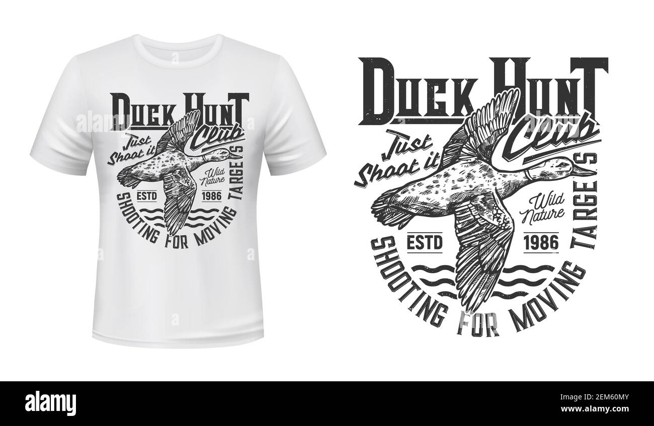 Duck hunting sport tshirt print vector mockup with flying mallard duck