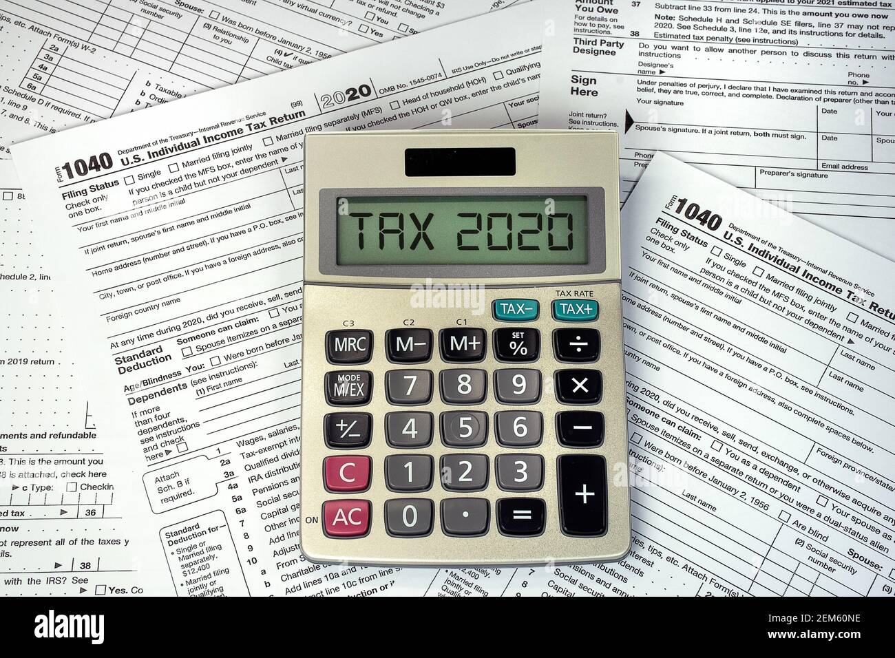 calculator on 1040 income tax forms for 2020 Stock Photo