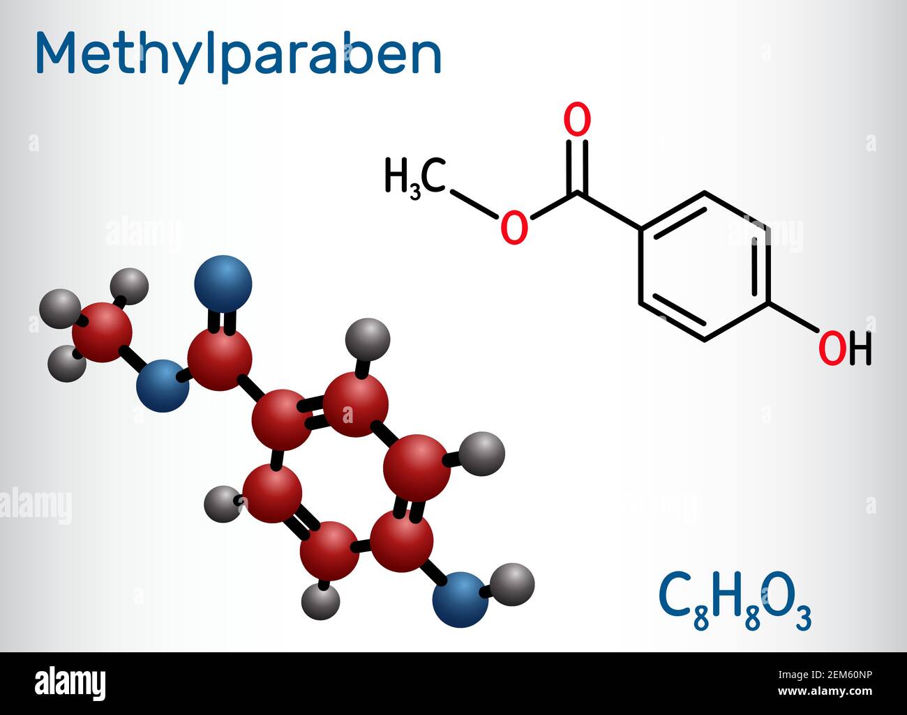Methylparaben, methyl paraben, methyl 4-hydroxybenzoate molecule. It is  paraben, antimicrobial preservative in cosmetics, E218. Structural chemical  Stock Vector Image & Art - Alamy