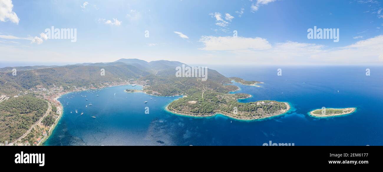 Aerial panoramic drone shot of Vis Island coastline in Adriatic sea in Croatia summer Stock Photo