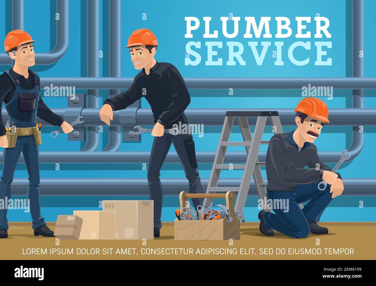 Heating pipes repair, plumbing service vector poster. Plumber workers with spanner and tools repairing leakage and installing a pipeline tubes. Engine Stock Vector