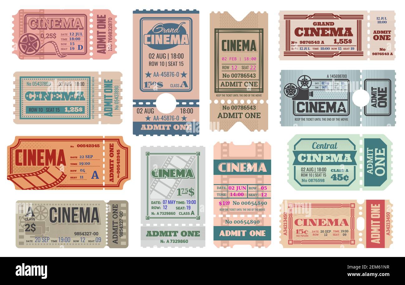 Cinema tickets templates. Vector retro admit coupons for movie theater