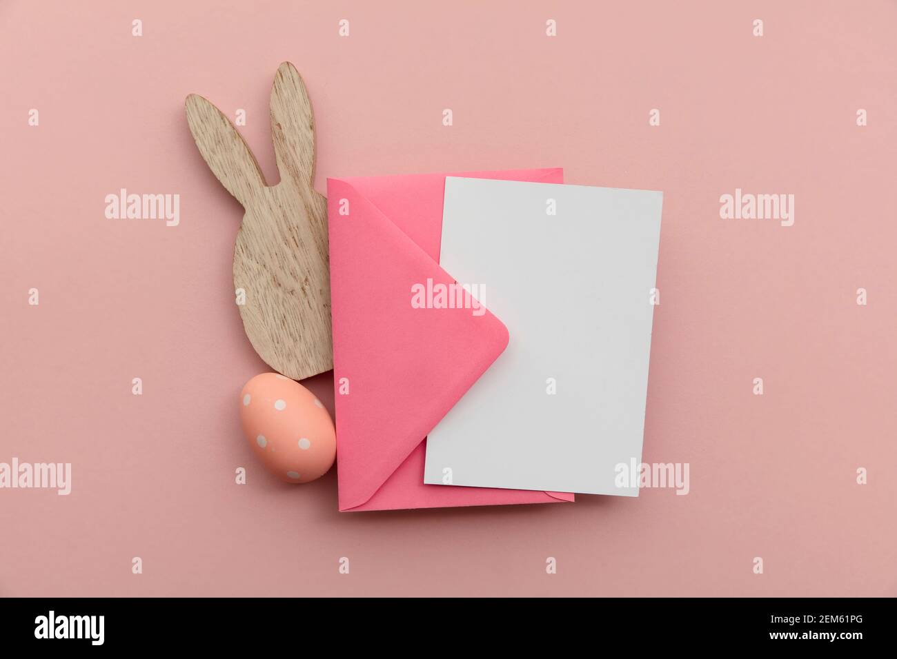 Easter blank card and envelope with easter bunny and eggs Stock Photo